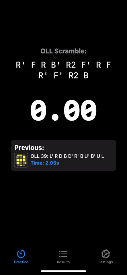 Practice screen in dark mode showing an OLL scramble, a large timer reading 0.00, and the previous case result (OLL 39 at 2.05 seconds).