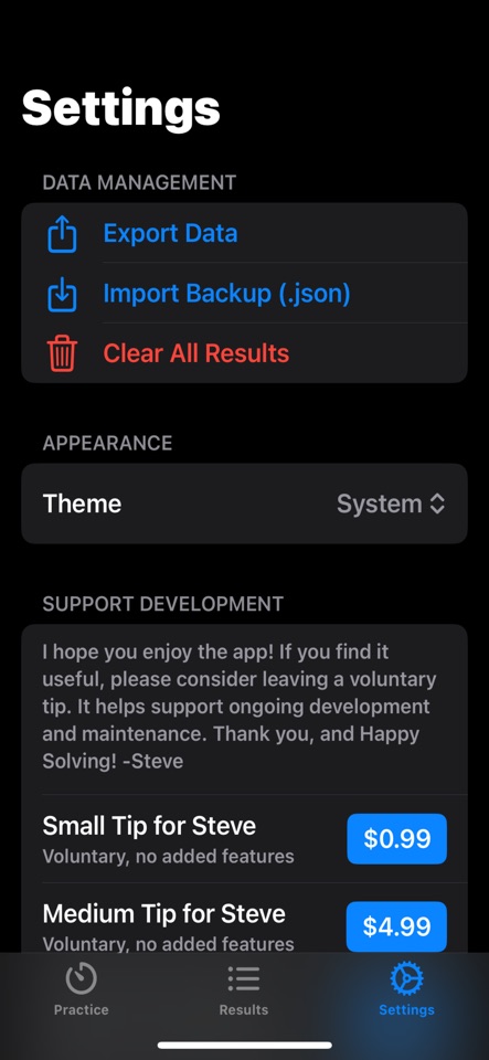 Settings screen showing data export and import options, a theme set to System, and voluntary tip purchases.